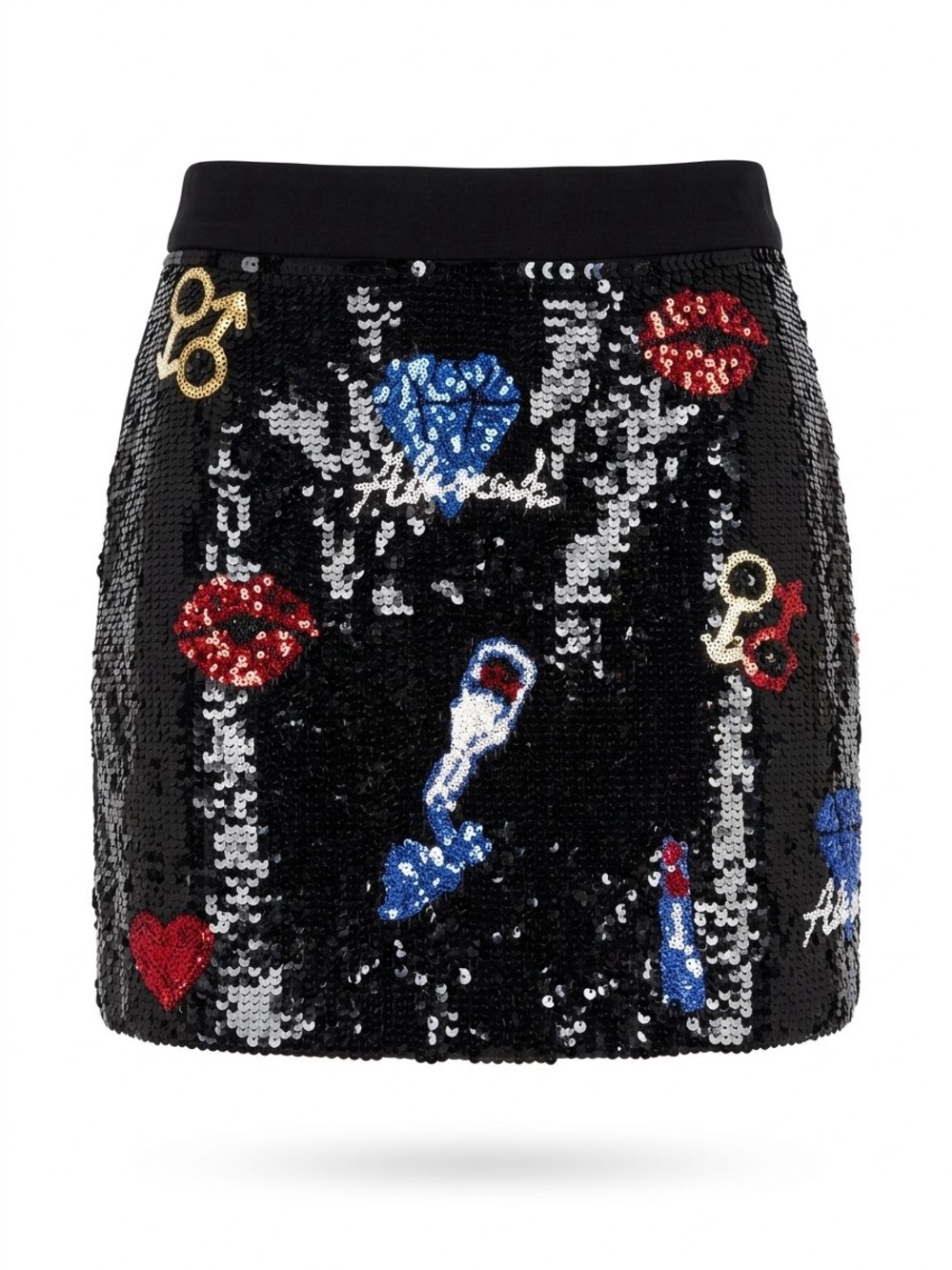 Alla Scala Y2K Pop Art Sequin Mini Skirt Black Novelty Lips Diamond Small